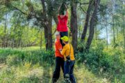 Belarus, Region Brest, im Wald bei Roschkowka, Billy bei der Ernte heilender Mistelzweige
